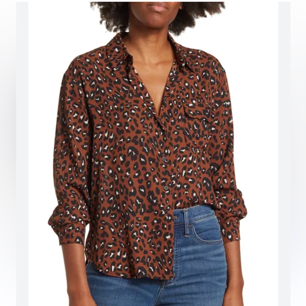 Pleione Brown Leopard Print Button-Down Shirt
